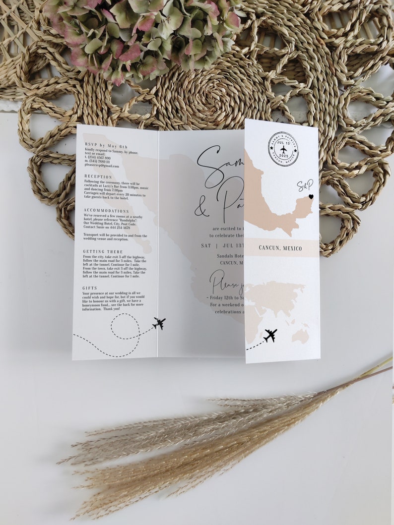Destination - Mexico Wedding Invitations, Folded Gatefold Invitation Templates, Destination Wedding Invitations, Canva Templates image 5