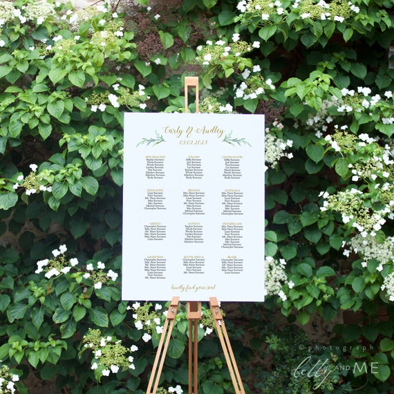 Greenery Wedding Seating Table Plan Templates, 9 sizes, Portrait + Landscape shaped templates included, Corjl Template, FREE Demo