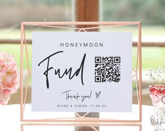 QR Code Honeymoon Fund Template, Printable QR Code for Wedding, Honeymoon Fund Signs, Portrait & Landscape, Canva Template | 88