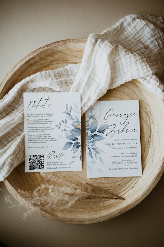 Dusty Blue Wedding Invitations + Details Rsvp Cards, with QR Code, Scan to RSVP, Front / Back or 2 Cards, Canva Template | 80