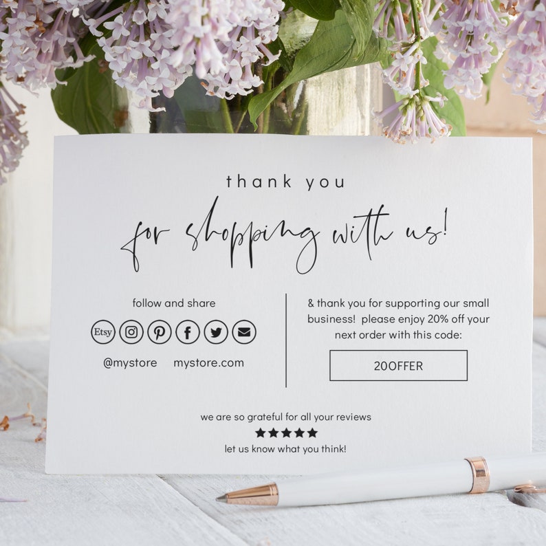 Modern Thank you for Shopping with Us Printable Card, 3 Sizes, Small Business Thank You, Packaging Insert Card, Corjl Templates, FREE Demo image 1