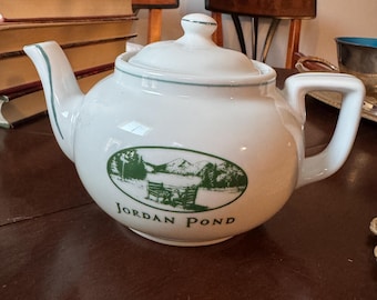 Vintage Jordan Pond teapot, Acadia National Park, Maine, ceramic teapot, white and green, popovers