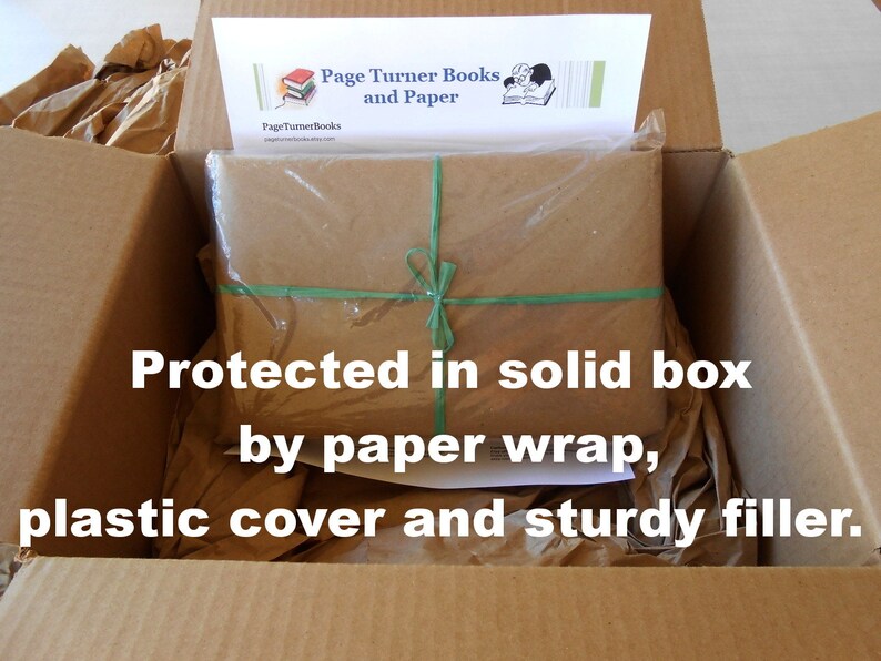 May include: A brown cardboard box with a brown paper package inside. The package is wrapped in brown paper and secured with green tape. The box is filled with brown packing paper. The text "Protected in solid box by paper wrap, plastic cover and sturdy filler." is printed on the box.