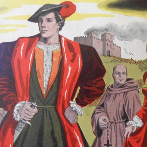 May include: Illustration of a medieval scene with three figures in the foreground. A man in a red coat and black hat holds a dagger. A woman in a red dress and white head covering stands beside a monk. A castle is in the background.
