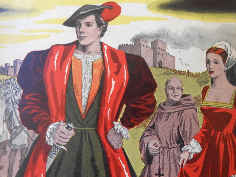 May include: Illustration of a medieval scene with three figures in the foreground. A man in a red coat and black hat holds a dagger. A woman in a red dress and white head covering stands beside a monk. A castle is in the background.