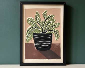 Spotted Begonia II - Arte original - Naturaleza muerta - Impresión Linocut coloreada - Impreso a mano - Arte de pared - Impresión en bloque - Planta