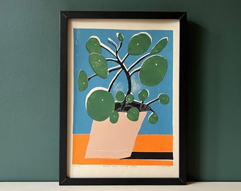 Madre Pilea - Arte original - Naturaleza muerta - Impresión Linocut coloreada - Impreso a mano - Arte de pared - Impresión en bloque - Planta