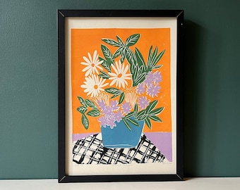 Summer Flowers - Original Art - Still Life - Floral Art - Coloured Linocut Print - Hand Printed - Wall Art - Block Print