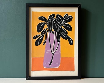 Laurel - Original Art - Still Life - Coloured Linocut Print - Hand Printed - Wall Art - Block Print - Plant