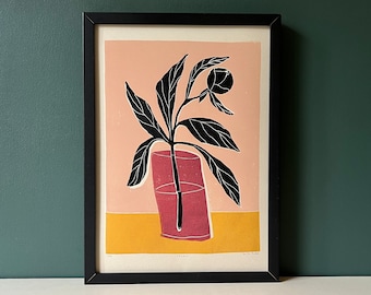 Peony - Original Art - Still Life - Floral Art - Coloured Linocut Print - Hand Printed - Wall Art - Block Print - Plant