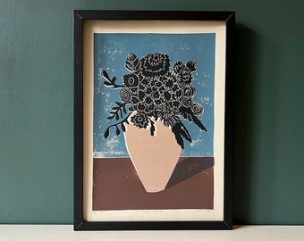 Black Blooms - Originele kunst - Stilleven - Bloemsierkunst - Gekleurde Linosnede Print - Handgedrukt - Muurkunst - Blokprint
