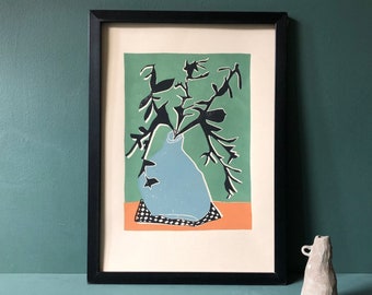 Leaves- Original Art - Still Life - Coloured Linocut Print - Hand Printed - Wall Art - Block Print - Plants