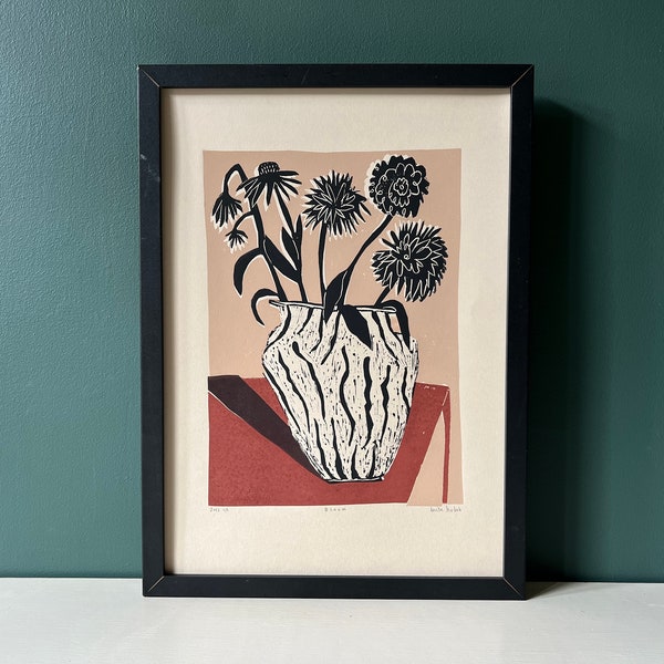 Bloom - Original Art - Still Life - Floral Art - Coloured Linocut Print - Hand Printed - Wall Art - Block Print - Flowers