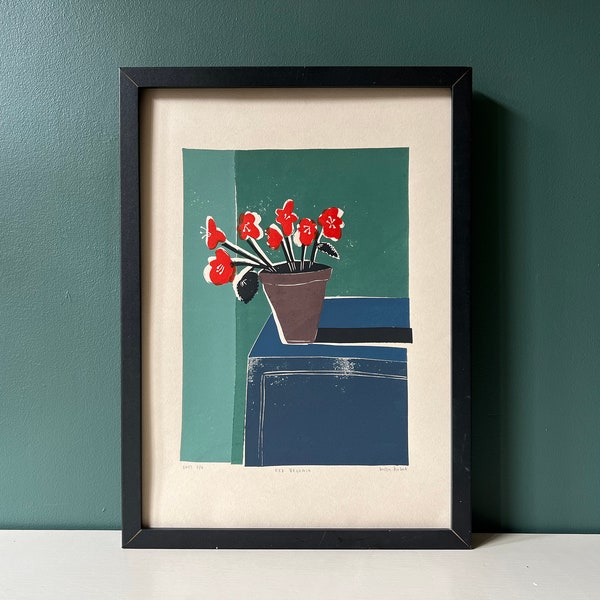 Red Begonia - Original Art - Still Life - Floral Art - Coloured Linocut Print - Hand Printed - Wall Art - Block Print - Flowers