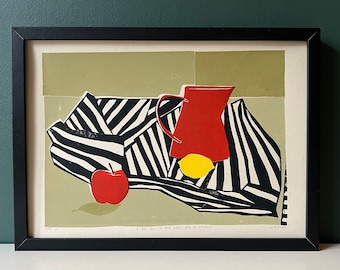 A Red Jug, A Red Apple and a Lemon - Original Art - Still Life - Coloured Linocut Print - Hand Printed - Wall Art - Block Print - Fruit