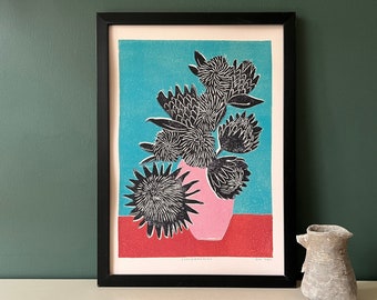 Chrysanthemums- Coloured Lino Print - Hand Printed - Wall Art - Block Print