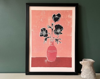 Pink Poppies - Coloured Lino Print - Hand Printed - Wall Art - Block Print - Digital Print