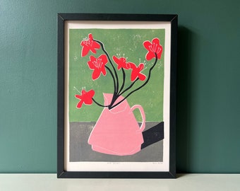 Red Geums - Coloured Lino Print - Hand Printed - Wall Art - Block Print