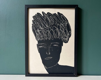Ein flauschiger Kopf/ ein schönes Durcheinander - Original Kunst - Farbiger Linoldruck - Handbedruckt - Wandkunst - Block Print - Abstrakter Druck - Portrait -