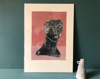 Original Art - Female Bust - Coloured Lino Print - Hand Printed - Wall Art - Block Print - Print - Abstract Print - Portrait - Melancholy