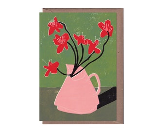 Red Geums Blank Inside Birthday Housewarming Thank you Greeting Card