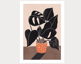 Monstera - Still Life - Coloured Lino Print - Hand Printed - Wall Art - Block Print - Plant Print - Floral - Flowers - Digital Print
