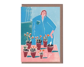 Potting Plants - Self Care - Handprinted Card - Art Card - Greeting Card - Love Card - Love - Friendship - New Home