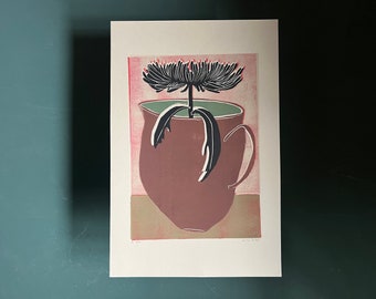 Chrysanthemums - Original Art - Still Life - Floral Art - Coloured Linocut Print - Hand Printed - Wall Art - Block Print - Flowers