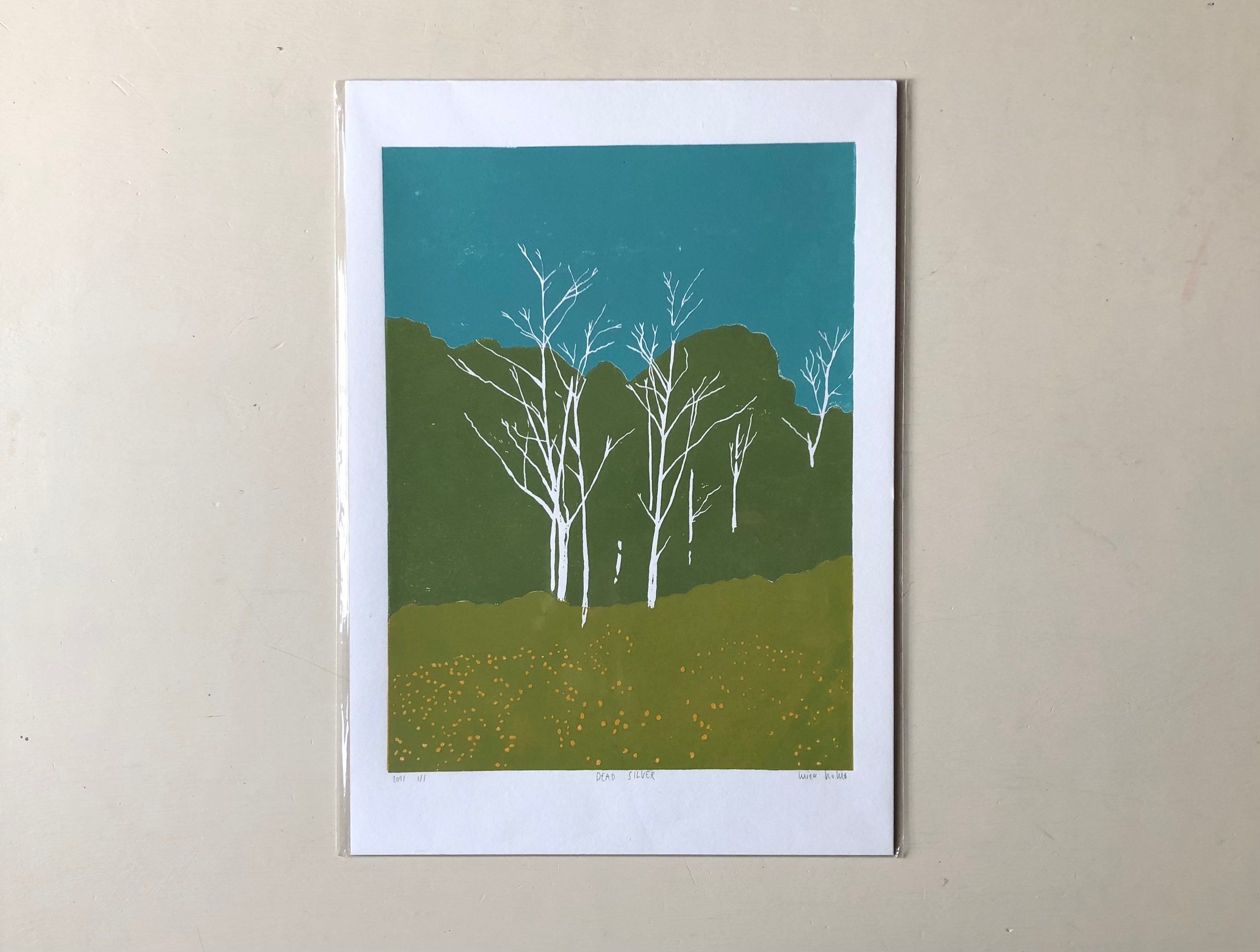 Original Art Silver Birch Wall Art Hand Printed Coloured Lino Print