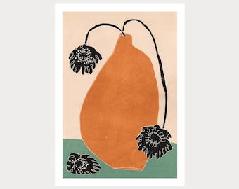 Orange Wonky Pot - Still Life - Coloured Lino Print - Hand Printed - Wall Art - Block Print - Plant Print - Floral - Flowers