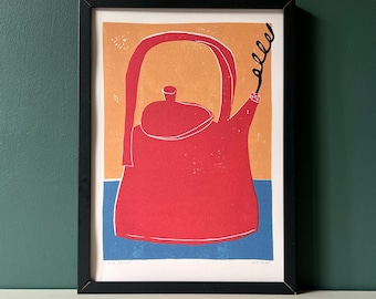 May include: A red teapot with a black handle and spout, against a yellow background. The teapot has a black line design on the side. The image is framed in black.
