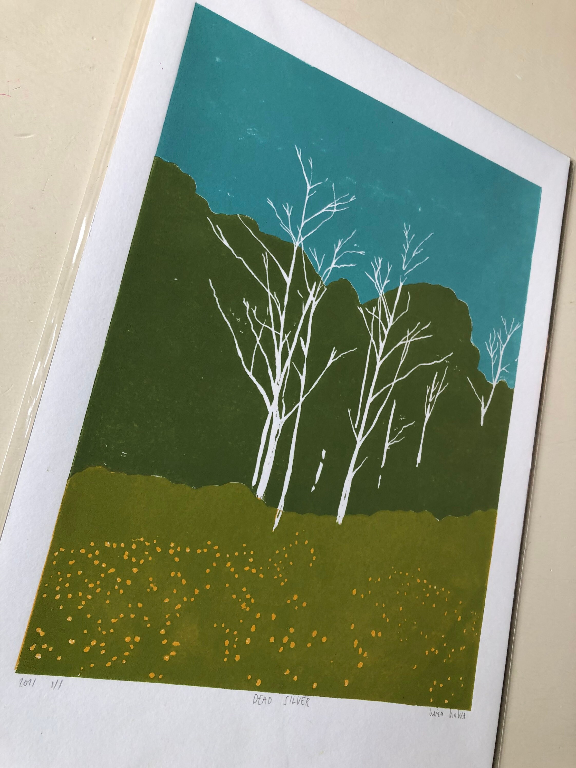 Original Art Silver Birch Wall Art Hand Printed Coloured Lino Print