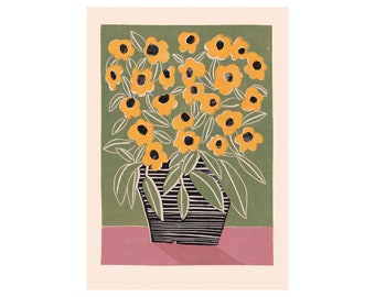 Black Eyed Susan - Stillleben - Farbiger Linoldruck - Handbedruckt - Wandkunst - Blockdruck - Pflanzendruck - Blumen - Blumen