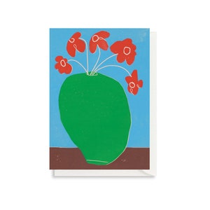 Rode bloemen, groene vaas - kunstkaart - wenskaart - stilleven - verjaardagskaart - pot - vaas - bloemen - bloemen