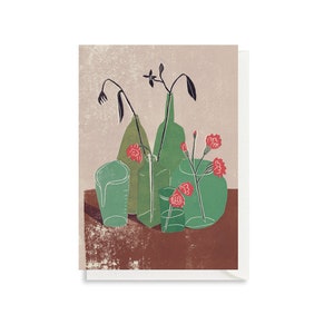 Kunst Karte - Grußkarte - Stillleben - Geburtstagskarte - Gefäße - Flaschen - Nelken - Blumen - Floral