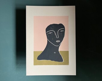 Original Art - Coloured Lino Print - Hand Printed - Wall Art - Block Print - Print - Abstract Print - Portrait - Melancholy