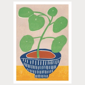 Pilea Plant - Still Life - Coloured Lino Print - Hand Printed - Wall Art - Block Print - Plant Print - House Plant