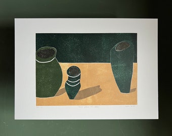 Three Green Pots - Original Art - Still Life - Coloured Linocut Print - Hand Printed - Wall Art - Block Print  - Vessels - Ceramics - Bowl