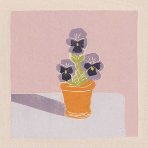 Pansies - Flowers - Plant - Art Print -Coloured Lino Print - Hand Printed - Wall Art - Block Print