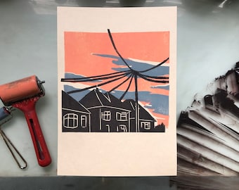 Morning sunrise - Original Art - Sky - Coloured Lino Print - Hand Printed - Wall Art - Block Print