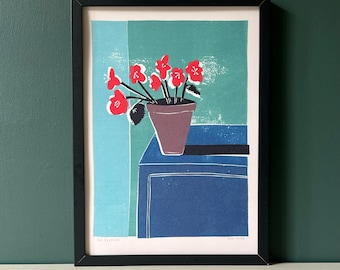 Red Begonias Flowers Modern Still Life Wall Art Print A3