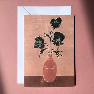 Papoulas cor-de-rosa - Cartão de arte - Cartão de felicitações - Natureza morta - Cartão de aniversário - Planta - Cartão de planta doméstica - Flores - Floral