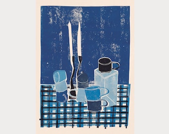 Still life in Blue - Poster Print -  Art - Wall Art - Block Print - Vessels - Still Life - Contemporary