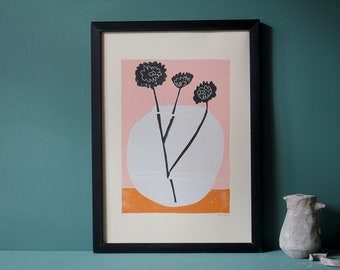 Original Art - Still Life - Coloured Lino Print - Hand Printed - Wall Art - Block Print - Plant Print - Floral - Flowers