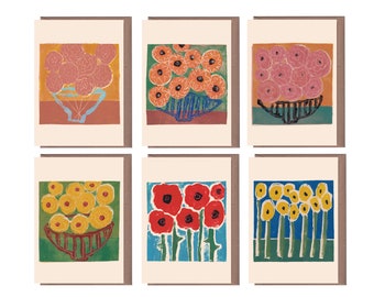 Linocut Flower Card Set Blank Inside Birthday Housewarming Thank you Greeting Card