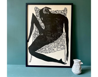 Man in Floral Armchair - Original Art - Linocut Print  - Black Lino Print - Hand Printed - Wall Art - Block Print - Portrait