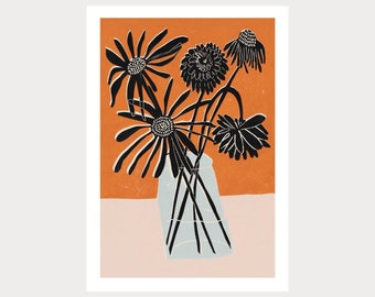 Herbstblumen - Stillleben - Farbiger Linoldruck - Handbedruckt - Wandkunst - Blockdruck - Pflanzendruck - Blumen - Blumen
