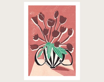 Tulips - Still Life - Coloured Lino Print - Hand Printed - Wall Art - Block Print - Plant Print - House Plant - Digital Print