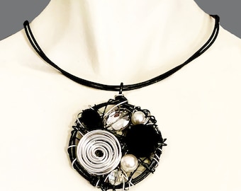 Unique Black Silver Crystal Pearl Aluminum Pendant, Lightweight organic, Silver Black wire Circular Pendant necklace, Wearable Art, Handmade