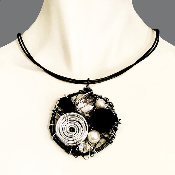 Unique Black Silver Crystal Pearl Aluminum Pendant, Lightweight organic, Silver Black fil Circular Pendant necklace, Wearable Art, Handmade